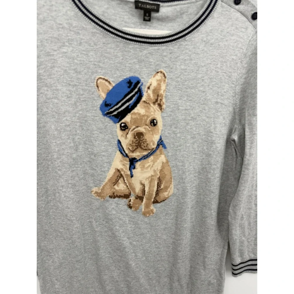 Talbots French Bulldog‎ Sailor Sweater Womens Small Gray Nautical Intarsia Knit